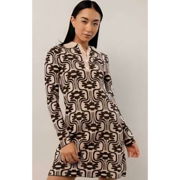 Bohme Tan and Brown Floral Knit Sweater Mini Dress - Picture 1 of 5